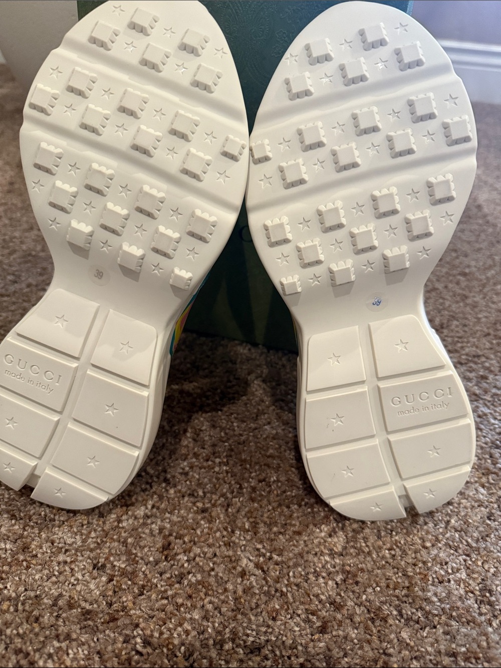 Gucci Cream Leather Rhyton Sneakers with Pink Yellow Teal Logo - Picture 2 of 5